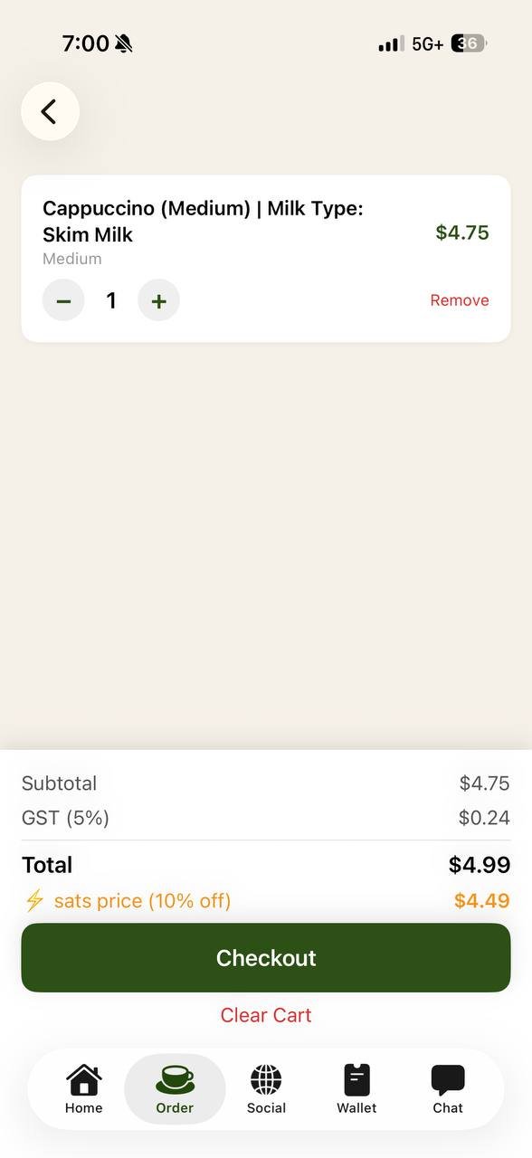 Cart screen with sats price discount